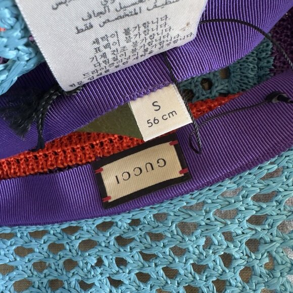 NWT GUCCI  Gg-Logo Striped Faux-Raffia Hat $750 SZ S Bucket Purple Blue Red - Picture 6 of 10